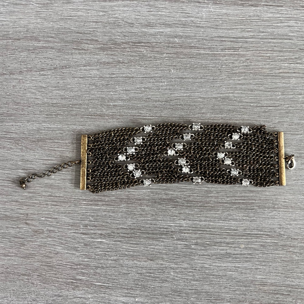 Gold Rhinestone Women's Wide Cuff Chain Link Bracelet